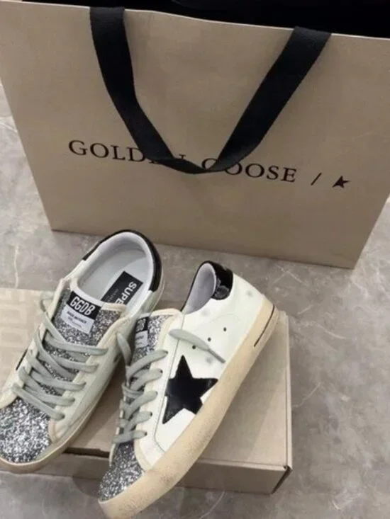 Golden Goose White Leather Sneakers with Black Star & Glitter Toe - Picture 3 of 8